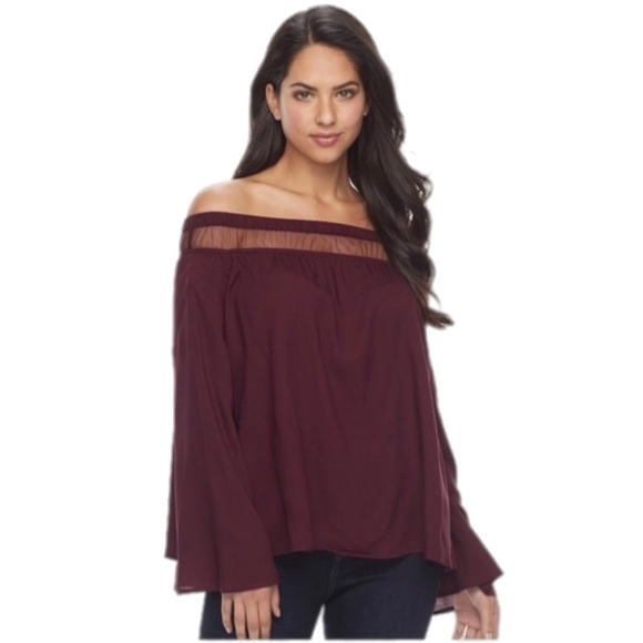 ROCK & REPUBLIC Top Off-The-Shoulder Bell Sleeves Bohemian Wine Sizes XS M - Picture 1 of 5